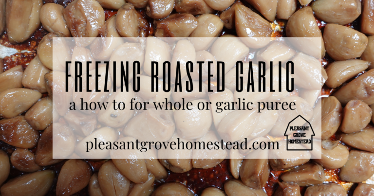 garlic roasted in a pan with text for title of roasted garlic